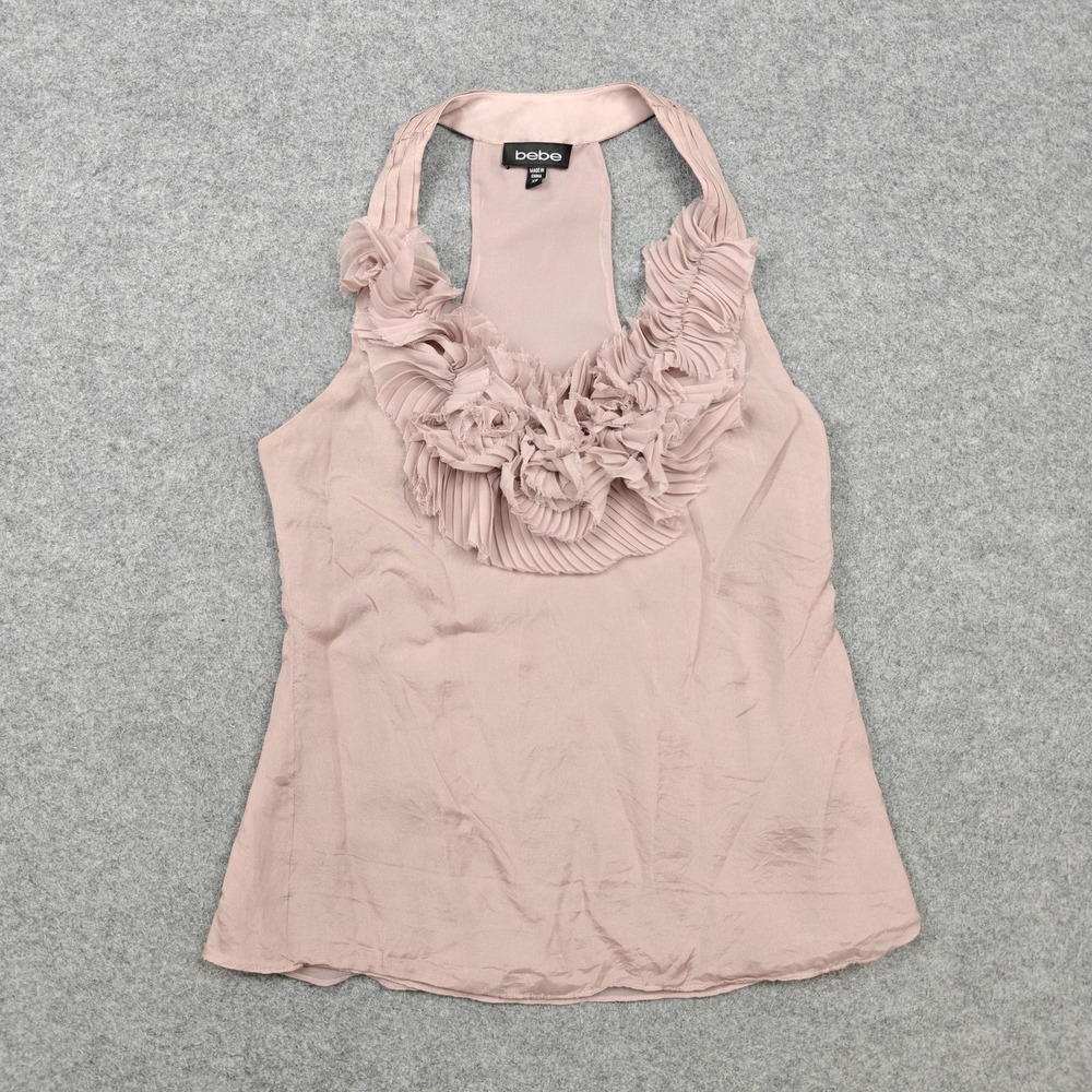 Bebe Tank Top Womens XS Pink Silk Halter Ruffle Pleated Cami Blouse Evening